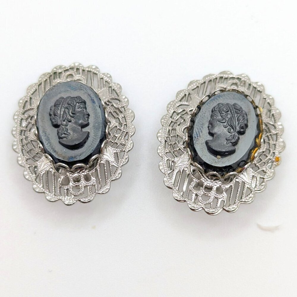 West Germany Black Cameo Silver Tone Filigree Clip-On Earrings 1960s